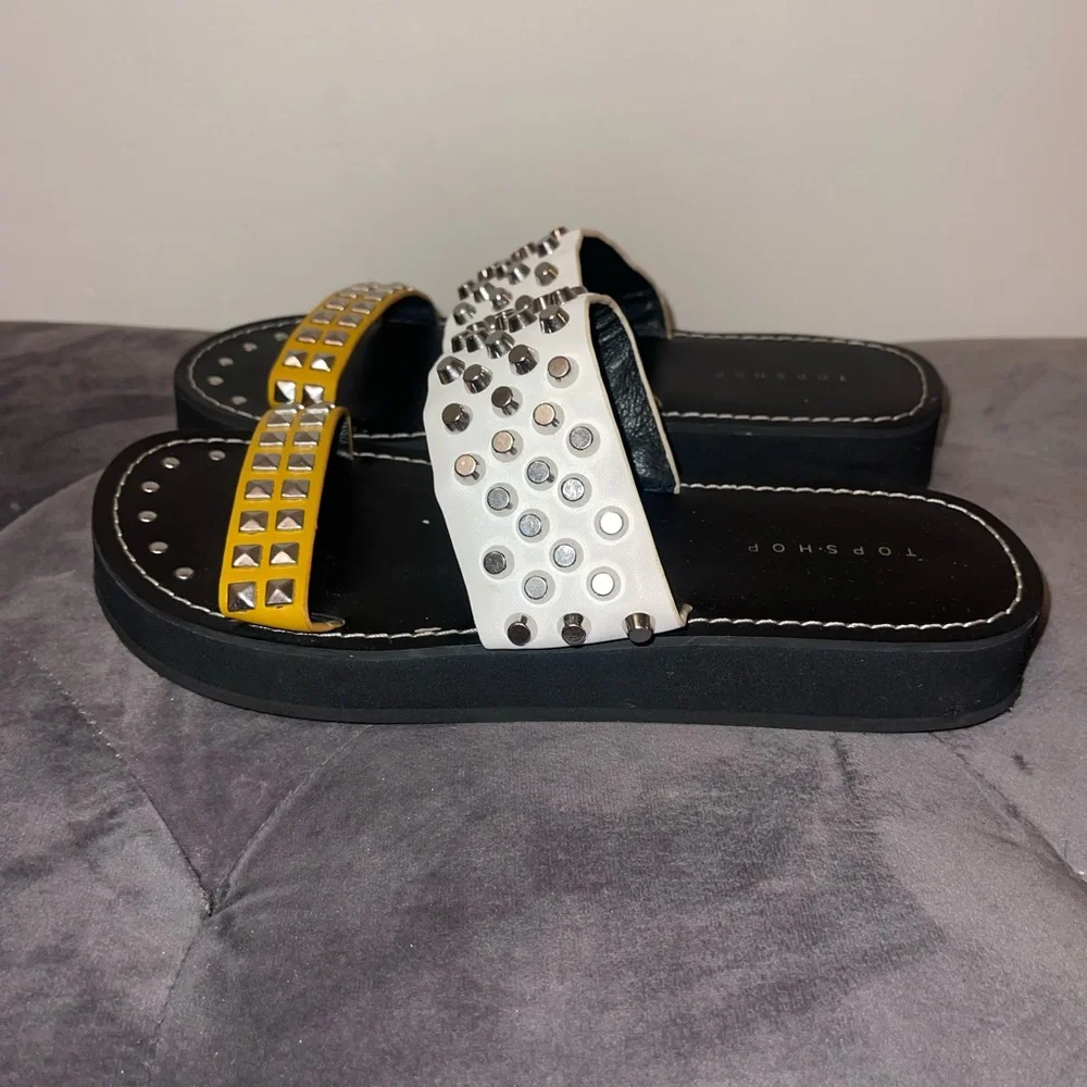Studded White and Yellow Slide Sandals - Women - Picture 2 of 5
